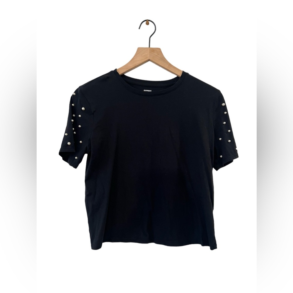 Express Womens crop Top size S Black Skimming Tee Pearl Sleeves black classic